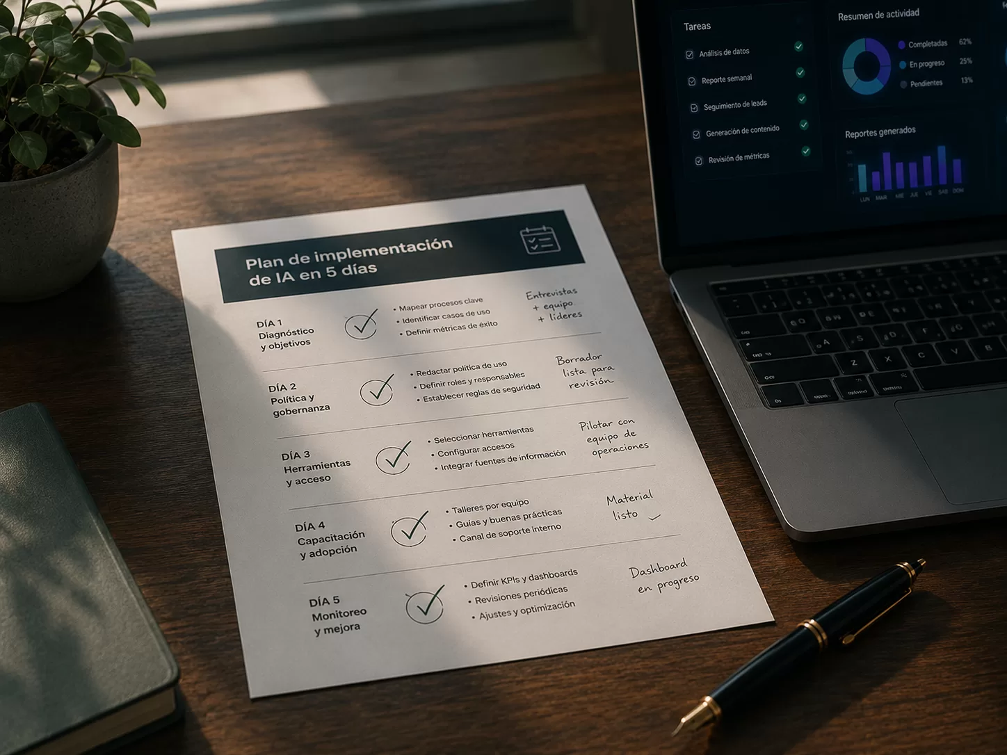 Checklist impreso de política de uso de IA para PyMEs en escritorio con notebook