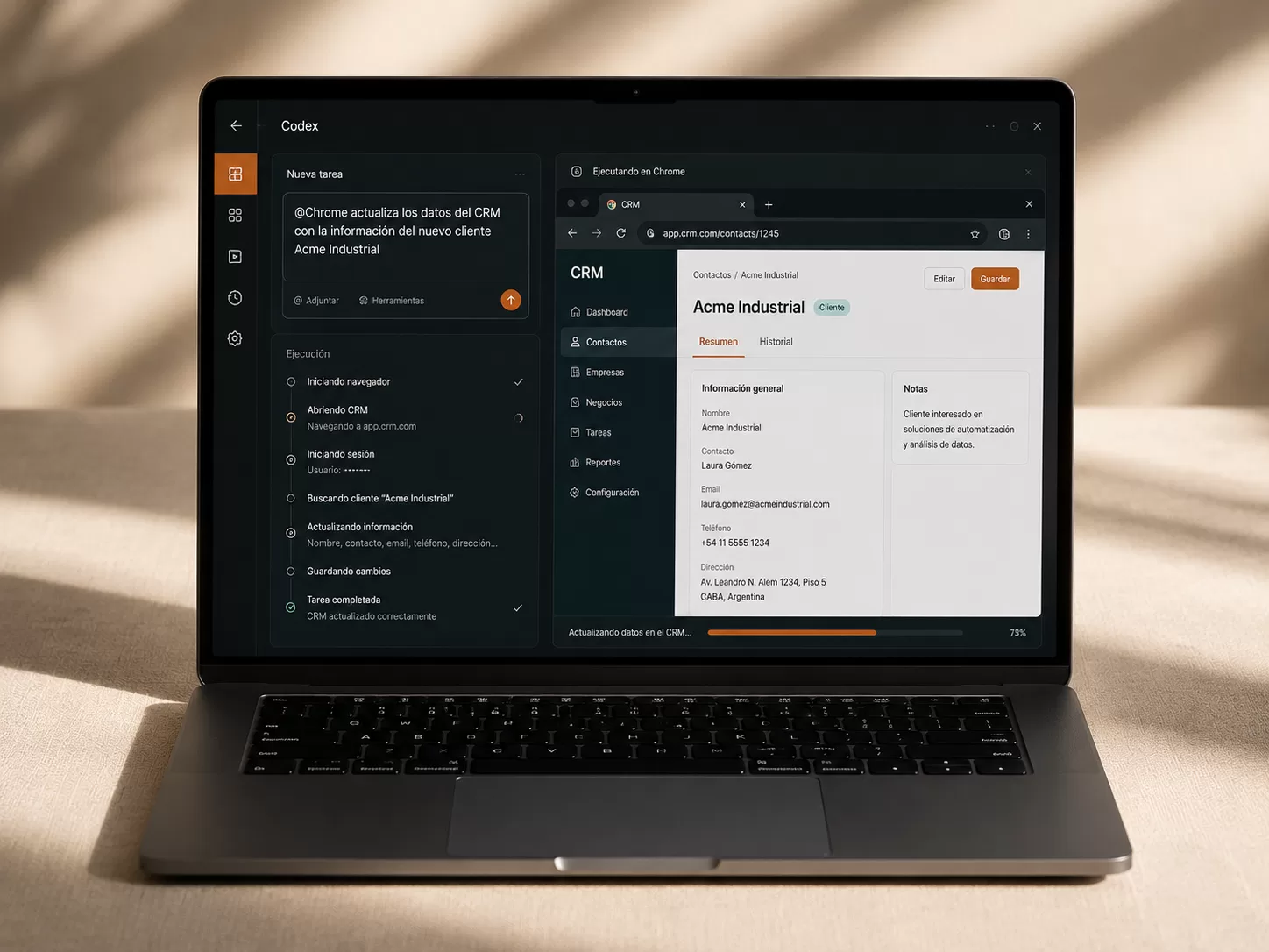cómo usar la extensión Codex Chrome de OpenAI con prompt @Chrome para actualizar CRM