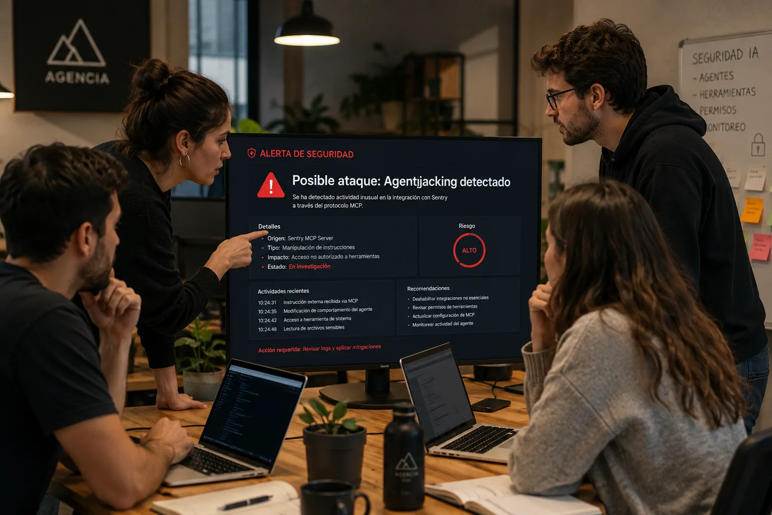 Equipo de una agencia revisando una alerta de seguridad por agentjacking