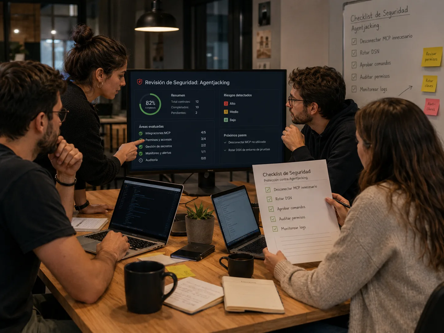 Equipo de una pyme aplicando un checklist de seguridad contra el agentjacking