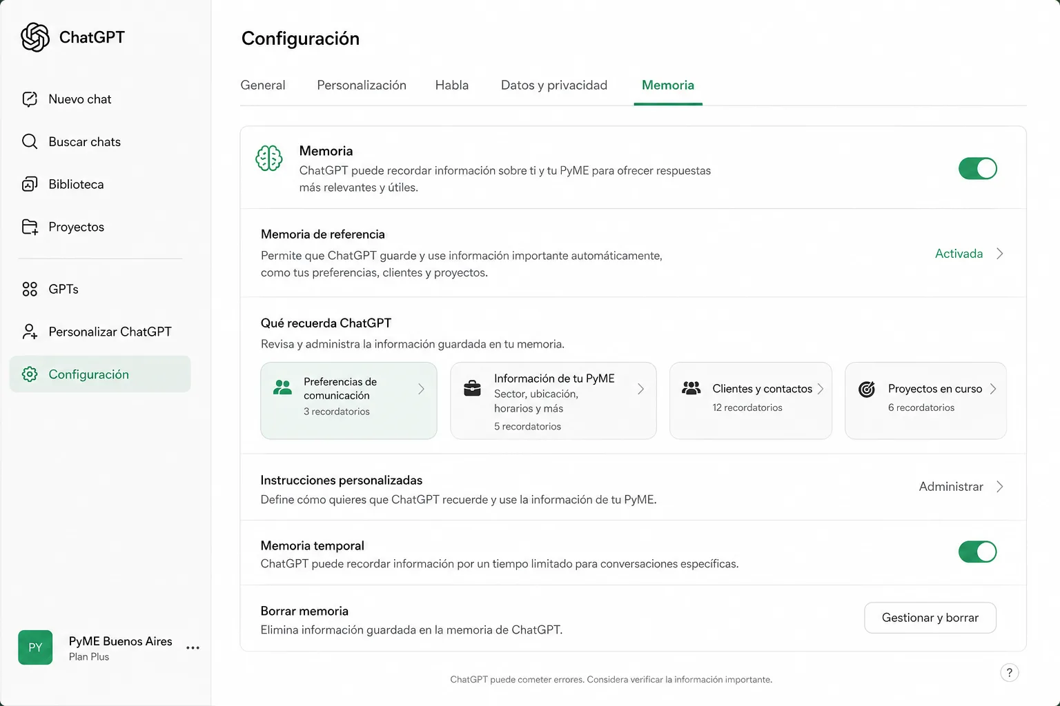Pantalla de configuración de la nueva memoria de ChatGPT para PyMEs